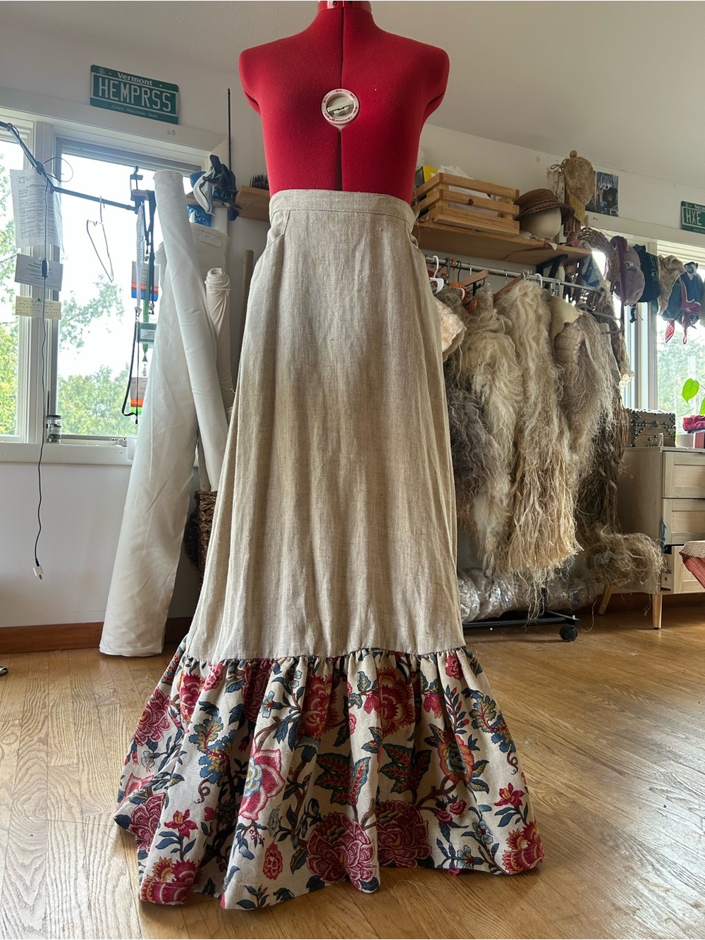 One of a kind Bohemian Linen Maxi Skirt with Floral Ruffle Hem - Natural / Multi